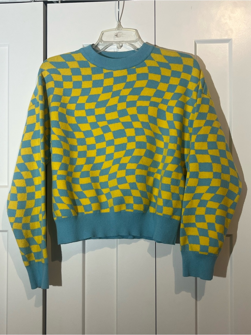 Vintage Forever 21 Checkerboard Crewneck Sweater - Teal & Yellow size medium